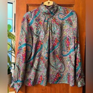 Vintage Notations Abstract Print High Neck Long Sleeve Office Blouse Size 14